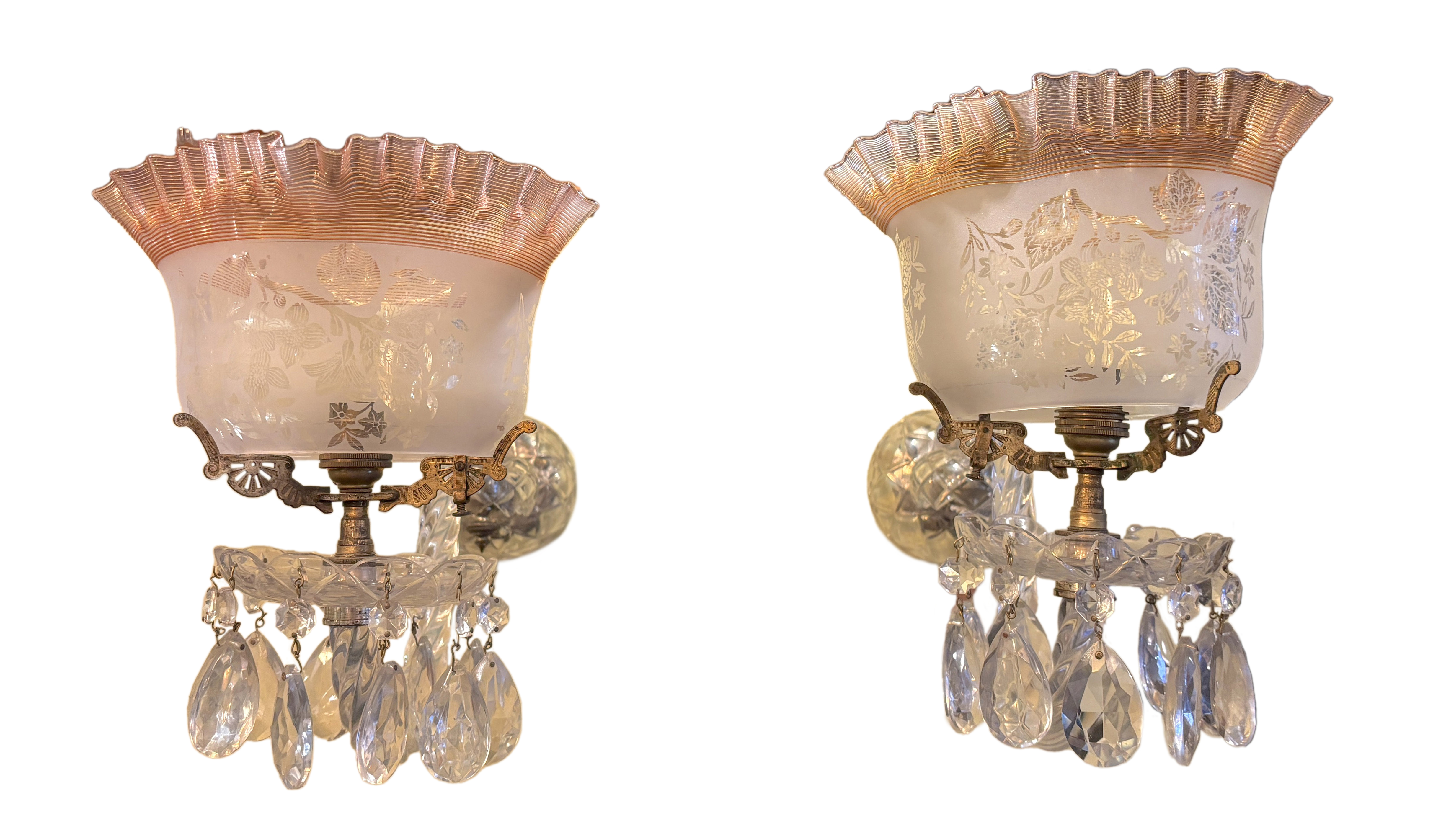 A pair of Victorian cut glass wall lights with etched frilled glass shades, height 32cm. depth 44cm